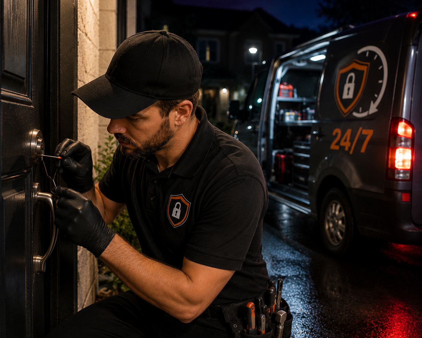 Auburn 24/7 locksmith technician picking a residential lock at night next to mobile service van