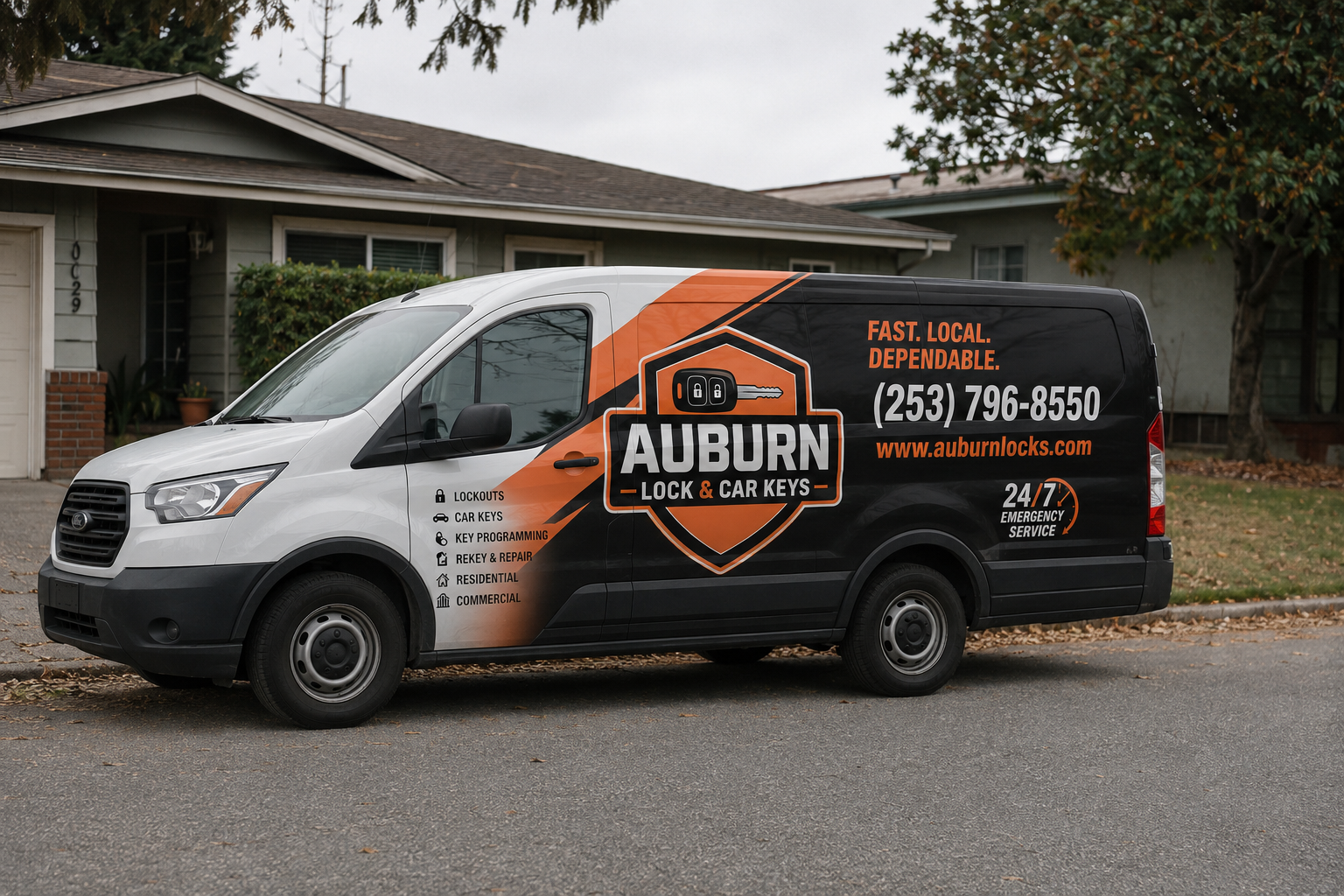 Auburn Lock and Car Keys branded mobile locksmith service van parked at a customer home in Auburn WA