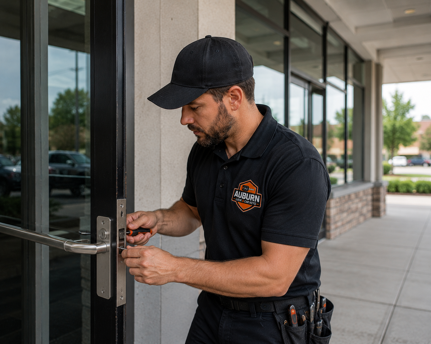 Commercial locksmith repairing a glass office door lock in Auburn business district