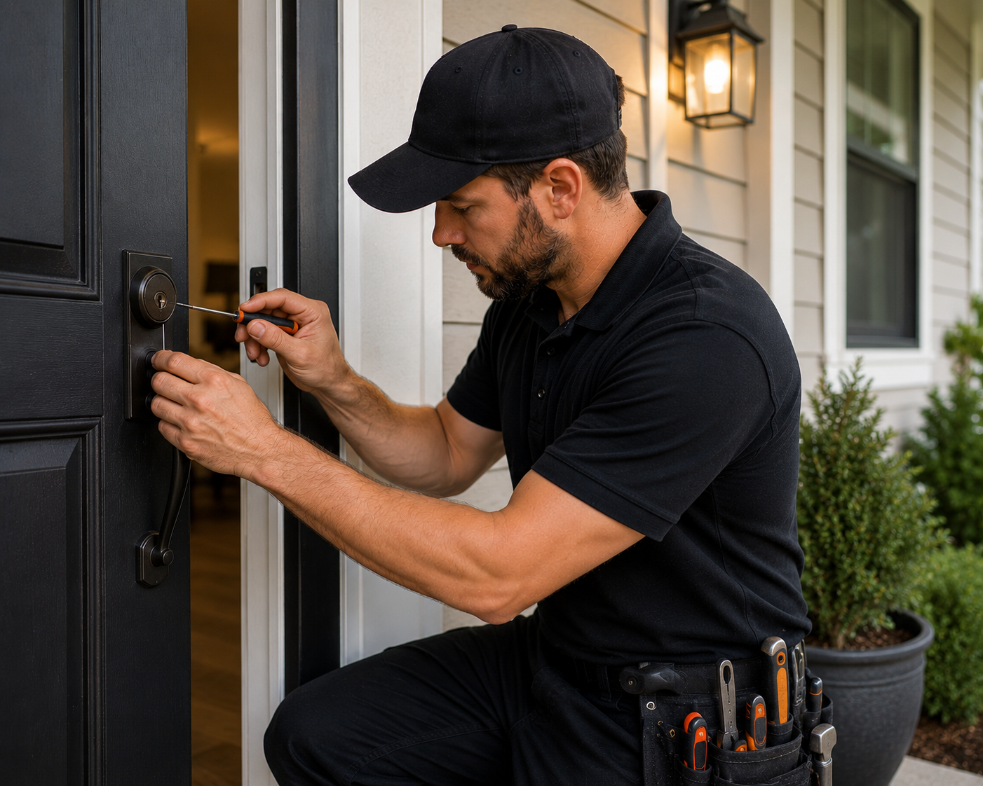 Residential locksmith installing a deadbolt on a home front door in Auburn