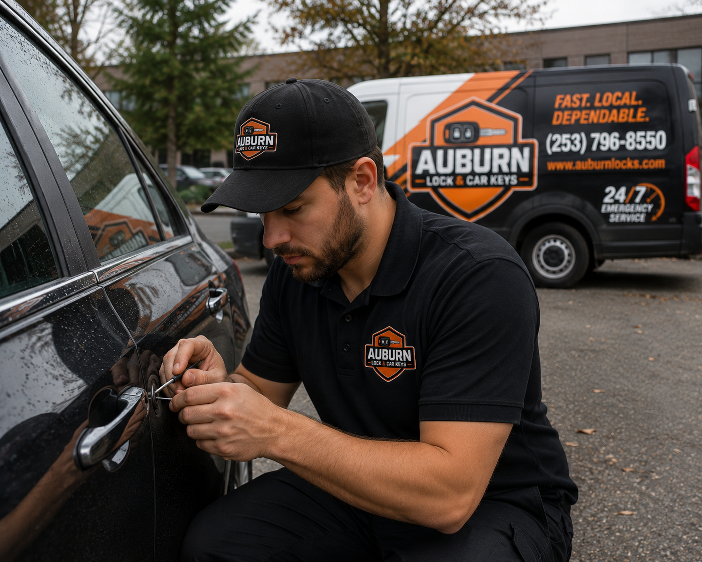 Auburn Lock and Car Keys locksmith working on a residential front door lock in Auburn WA